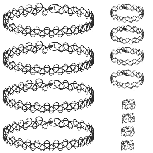 Verpakking van 12 Elastische Kettingen, 4 Sets Stretch Tattoo Choker ketting armband ringen vrouwen Vintage Punk Gothic Tattoo ketting rubber ketting 90s Accessoires voor meisjes en, Plastic, Geen edelsteen