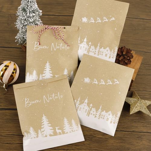 50 stuks papier zakken Kerstmis - 13 x 18 cm kerstzakken met Italiaanse motieven - kraftpapier cadeauzakjes Kerstmis - adventskalenderzakjes om te vullen met cadeaustickers