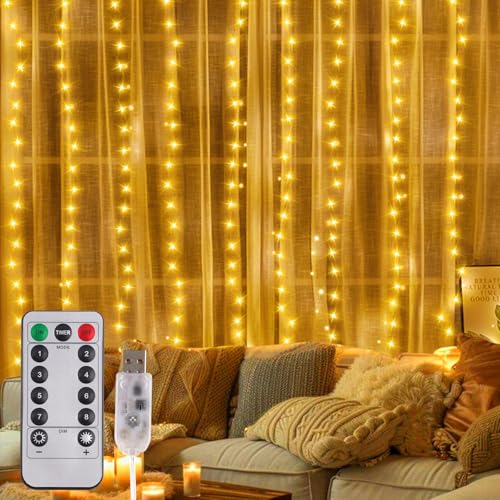 300 LED licht gordijn voor binnen en buiten gebruik met 10 haken, 3 x 3 m lichtmodi, buiten licht gordijn voor buiten, binnen en buiten, USB, waterdicht, warm wit, voor Kerstmis, raam, Party