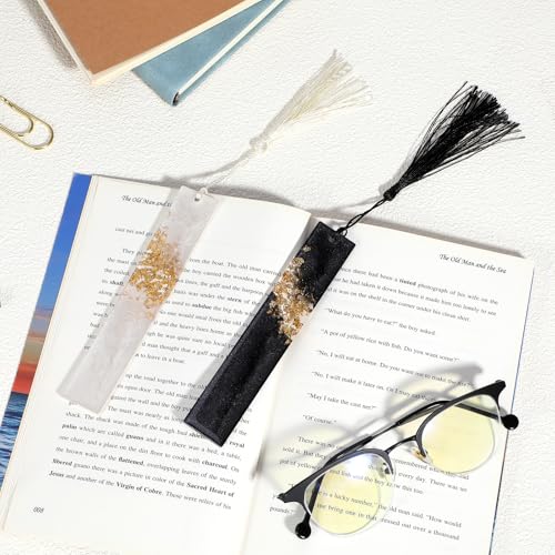 2 st Glittering Resin Tassels Bladwijzers, Handgemaakte Transparante Bladwijzer met kleurrijke Tassels voor Volwassenen Vrouwen Meisjes Lezen Lover Gift (Zwart, Wit) 5