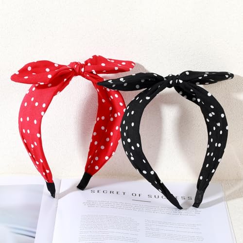 2 st. Red Dots Headband for Women, Cute Bow Headbands Rabbit Ears Vintage Wide Bandana Retro 50s Hair Band Accessoires Kostuums voor Vrouwen Meisjes (One Size)