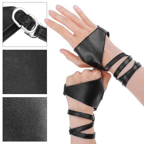Punk Handschoenen, PU Lederen Half Palm Vingerloze Handschoenen Zwart Fietsen Rijden Motorfiets Handschoenen Nacht Bar Band Up Gotische Handschoenen voor Halloween Performance Cosplay, Zwart, M 5