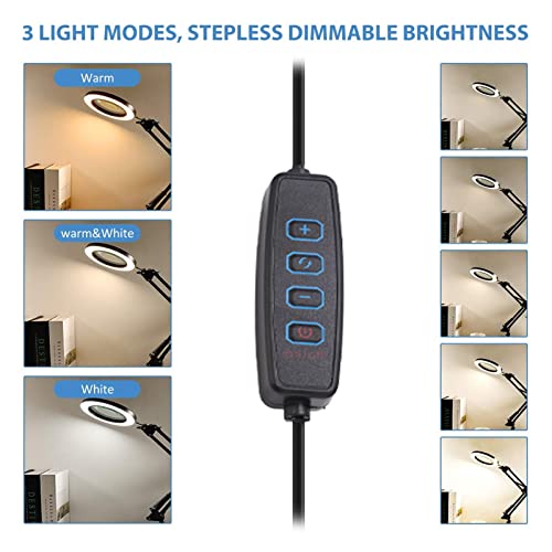 Bureau vergrootglas met klem, 5x vergrootglas met verstelbaar licht 10 helderheidsniveaus 3 kleuren 5