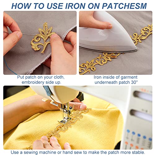 4.37 Yards Gold Borduur Polyester Lints, 3,4cm Brede Zelfklevende Goldenrod Lace Trim Iron op Metallic Flower Lace voor Naaikostuums Jurken Home Decor Garment Accessoires 3