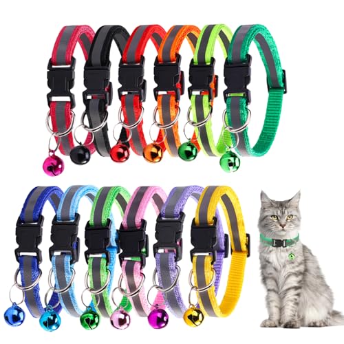Verpakking van 12 Reflectieve Kattenhalsband, veiligheidssluiting, verstelbare lengte 20 cm - 32 cm, zachte, huidvriendelijke Kattenhalsband met klokken voor alle Katten en Puppies (12 kleuren)