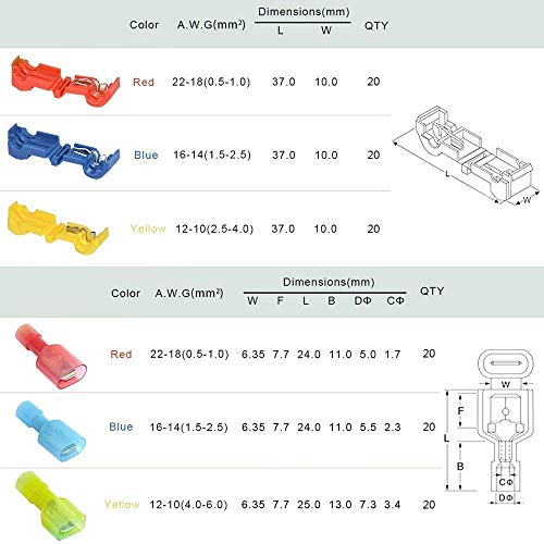T-Branch Connector, T Quick Coupler + volledig geïsoleerd Flat Plug Kit (85 Pairs), Kabel Assortiment Quick Connectors, geel, 50 stuks, blauw, 60 stuks, rood, 60 stuks