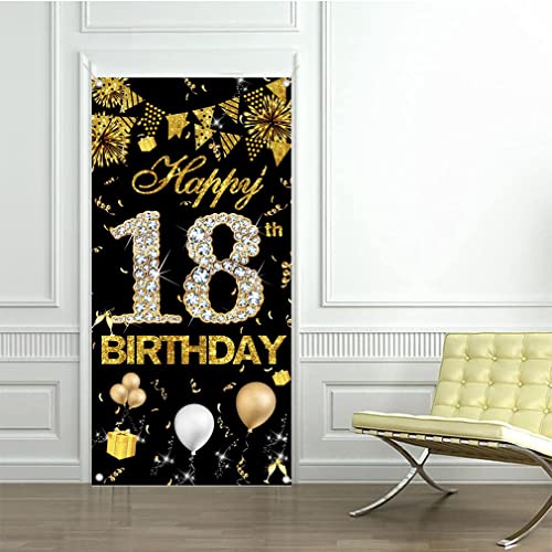 Gelukkig 18e verjaardag decoratie voor meisje, schattig 18e verjaardag banner zwart en goud, stof teken 18e verjaardag poster, 18e verjaardag deur banner voor meisjes verjaardag feest welkom 4
