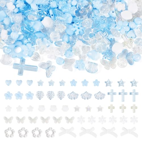 100g Diverse Acryl kralen Bloem Kralen Caps Bow Butterfly Heart Leaf Esthetic Craft Kralen Bulk voor armband sieraden maken, Cornflower blauw & White