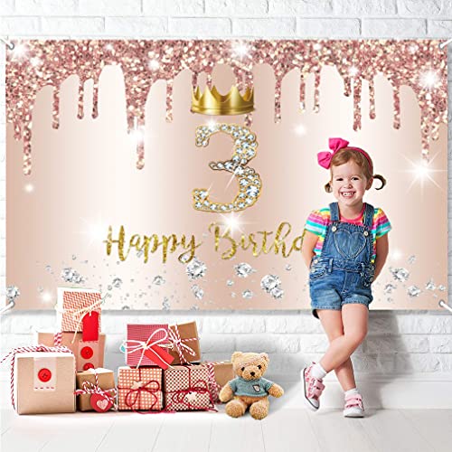 Gelukkige 3e verjaardag achtergrond Banner partij decoratie voor meisje gelukkig 3 jaar oude stof sign poster, Glitter roze fotografie achtergrond derde verjaardag Partij Tafeldecoratie 150x90cm 4