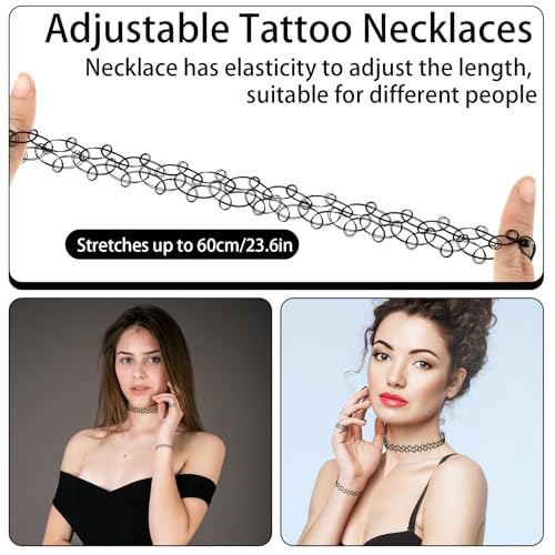 Verpakking van 12 Elastische Kettingen, 4 Sets Stretch Tattoo Choker ketting armband ringen vrouwen Vintage Punk Gothic Tattoo ketting rubber ketting 90s Accessoires voor meisjes en, Plastic, Geen edelsteen