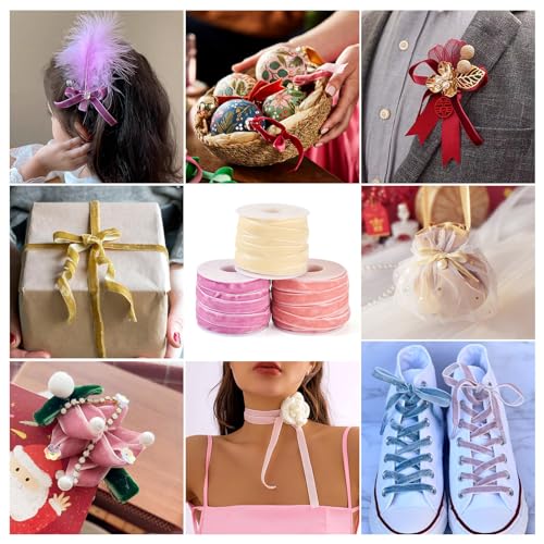 Velvet Ribbons 10mm Single Face Velvet Ribbons Bow Making Libbons 3 Kleuren voor DIY Crafts Cadeau Verpakking Bow Choker haarband, roze en geel en zalm 3