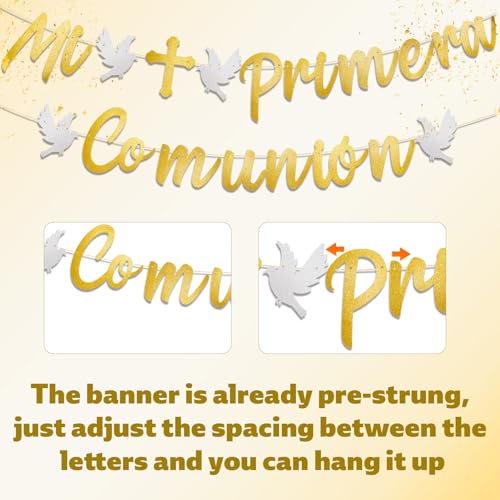 Mi Primera Comunion Banner, Gold Glitter Paper Banner Pull Flag Mi Primera Comunion Decoraties voor Spaanse Communie Religieuze Partij Doop Partij Supplies (Pre-strund) 5