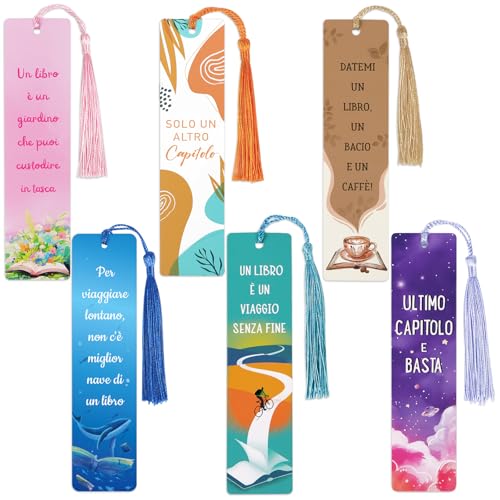 Esthetische bladwijzers papier, 6 x bladwijzers met Italiaanse toespraken en kwasten, cadeau voor volwassenen, kleine cadeaus voor scholen, eerste schooldag, boekenliefhebbers