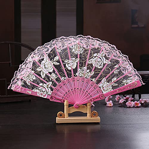 Lace bruiloft fan hand fan Spaanse barokke Victoriaanse vouw fan vintage voor vrouwen mannen vouwen fan voor bruiloft cadeau feest kostuum carnaval Dans Roze