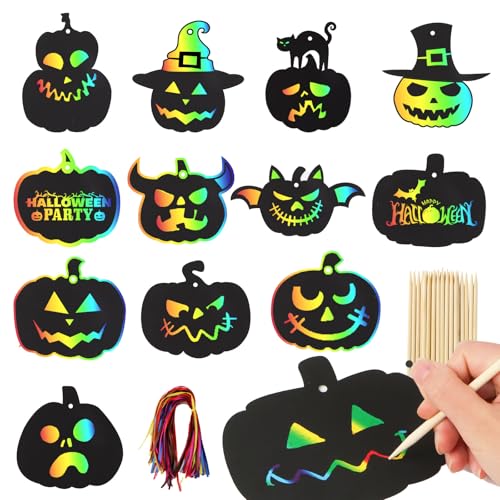 48 stukken Kraspapier voor Halloween Pompoen Kids Kraspapier Regenboog met Bamboe Pennen en Lint voor Hang Halloween Gift DIY