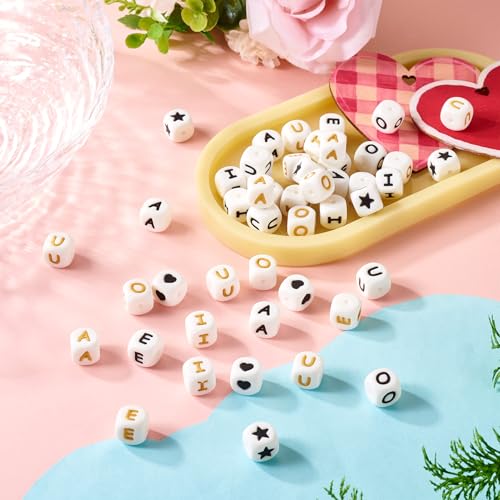 60 st Siliconen brief kralen A-E-I-O-U, 12 mm vierkant, 5 st/stijl, gemengde kleur, Perfect voor DIY Sieraden maken 3