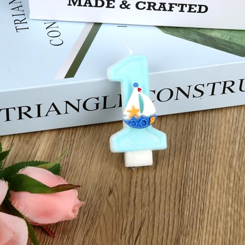 Thema Surfnummer 1 Verjaardagskaars, Blue Glitter Cake Topper voor jongens 1e verjaardag Ocean & Seaside Feestdecoratie Nautische Baby Douchebenodigdheden (Zeilboot) 4