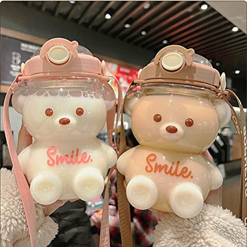 Waterfles voor kinderen, Drinkfles met stro, Kawaii Bear Waterfles Portable Cartoon Kids Waterfles met verstelbare schouderband voor buiten reizen 5