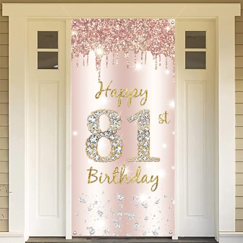 81ste verjaardag decoratie vrouwen, gelukkig 81ste verjaardag deur Banner Rose Gold,81st Verjaardag Stof Tekenposter Deur Decoratie,81ste Verjaardag Achtergrond Banner Dames,Voerdag Partij Welkom Teken