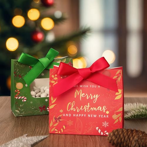 24 geschenkdoosjes voor Kerstmis, van groen en rood papier met strik, Merry Christmas Nieuwjaar, cadeau, bonbonnière, lekkerheid voor Kerstmis, bak (groen + rood) 3