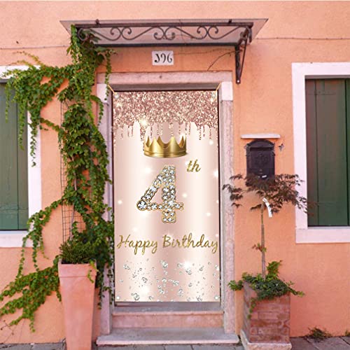 4.Birthday decoratie voor meisjes, deur decoratie roos goud,4e verjaardag stof teken opknoping poster,4e verjaardag achtergrond banner partij welkom teken 5