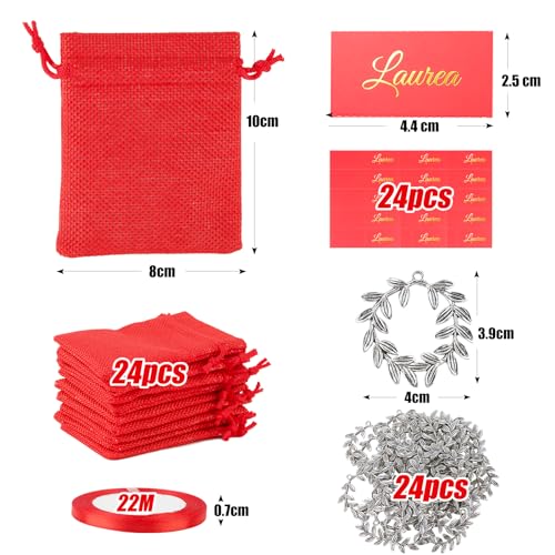 24 stuks Afstuderen Bedankt Candy Bags Hangers Laurel Krans Red Jute Bags Kaarten Afstuderen Feestgasten cadeau