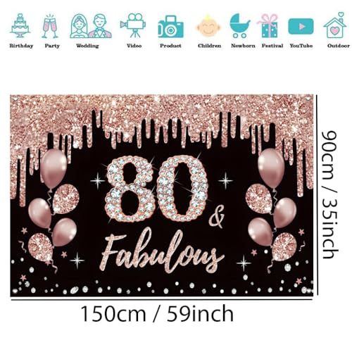 80e verjaardag decoratie voor vrouwen, 80e verjaardag decoratie zwart en rose goud glitter vlekken stof teken poster 80e verjaardag achtergrond banner vrouw 80e verjaardag feest decoratie