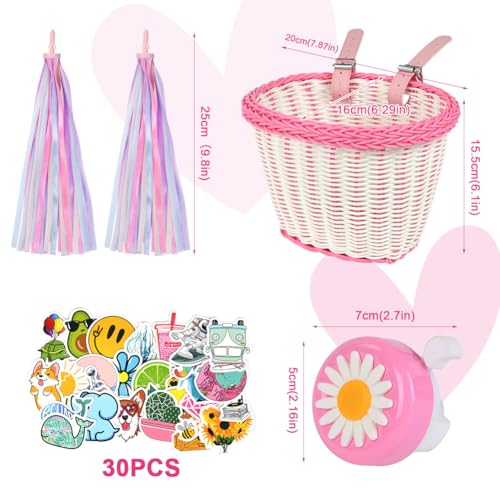 Fietsmand voor kinderen en meisjes Front - Afneembare, gevlochten van Rattan met lederen riemen, Streamers, Fietsbel en Sticker