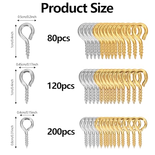 400 st. 3 maten oogschroeven, kleine schroefogen met opslagdoos, metalen oog schroef haken, kleine haken voor kleine schroeven, ringbolt, oogringen voor sieraden, hangers, kralen