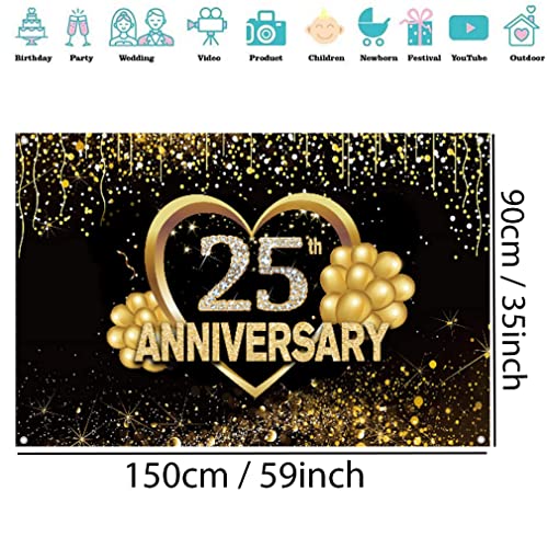 Happy 25th Anniversary Decoration Banner, 25th bruiloft Anniversary Party Supplies Fabric Sign Poster, zwart en goud achtergrond Decor foto achtergrond Welkom Sign, 150cmx90cm