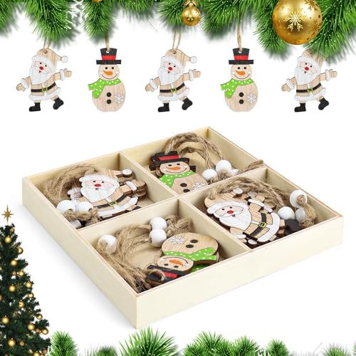 Kerstboom decoraties 12 stuks Houten hangers Kerst hangers Inclusief Santa Claus Snowman voor kerstboom decoratie