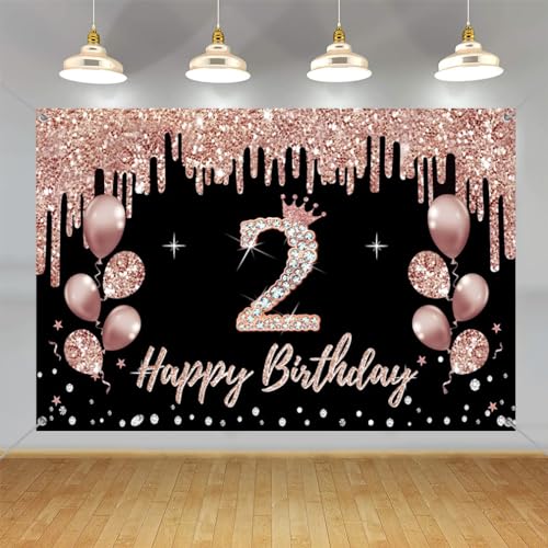 2e verjaardag decoraties voor meisjes, feest decoratie zwart en rozengoud, 2e verjaardag stof teken hangen poster, 2e verjaardag achtergrond Banner Party welkom tekenen