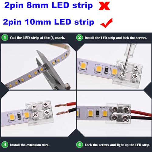 10 Pack led Light Strips Connectors 10mm 2 Pin Solderless Transparant 5V 12V 24V LED Tape Light Connectors met 32.81FT 22AWG Kabel 4