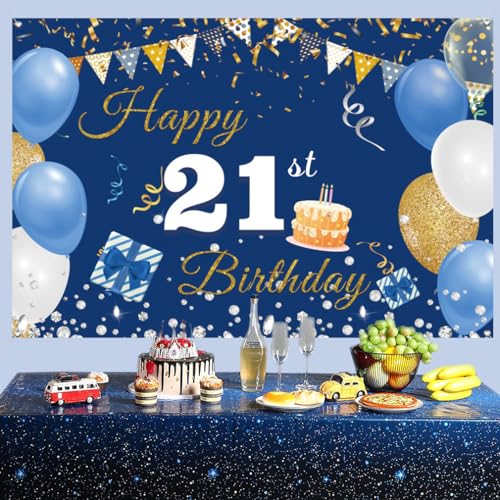 Verjaardagsdecoratie voor jongens en meisjes, 21e verjaardagsbanner blauw, 21e verjaardagsstof sign poster, 21e verjaardagsachtergrond Banner mannen vrouwen verjaardagsfeest decoratie 4