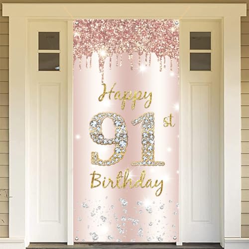 91st Verjaardag Decoratie Vrouwen, Gelukkig 91st Verjaardag Deur Banner Rose Gold,91st Verjaardag Stof Tekenposter Deur Decoratie,91e Verjaardag Achtergrond Banner Dames,Birthday Party Welkom Teken