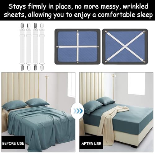 Beddengoed Spanner, Verstelbare 4 stuks, Beddenvel spanners, 28-49 cm, Beddenvelhouder Tensider, voor Vellen Matras, Bank, Wit 4