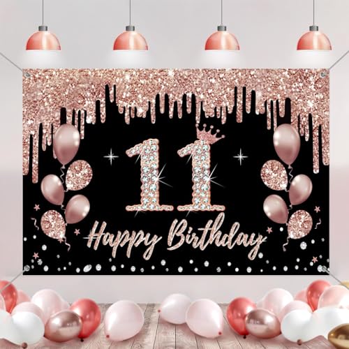 11e verjaardag decoraties voor meisjes, feest decoratie zwart en roos goud, 11e verjaardag stof teken opknoping poster, 11e verjaardag achtergrond banner partij welkom teken 5