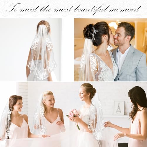 Korte bruiloft Veil met Rhinestone Diaper, Elegant bruidssluier met Comb Elbow lengte bruiloft Veil Floral borduren Veil voor vrouwen bruiloft accessoires partij apart partij,Witte,Een, Wit 5
