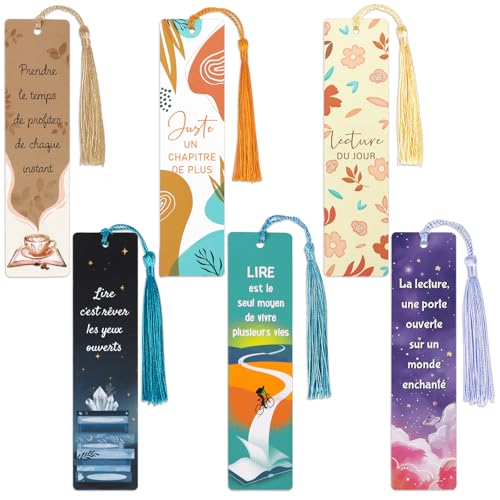 Esthetische bladwijzers papier, 6 x bladwijzers met Franse woorden en kwasten, cadeau voor volwassenen, kleine cadeaus voor scholen, eerste schooldag, boekenliefhebbers