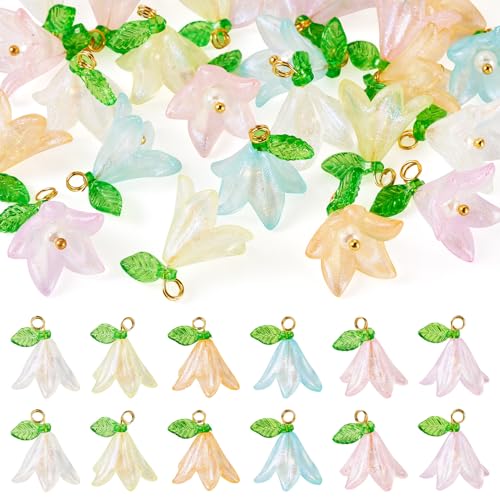 Acryl Lily Flower Bedels met glazen parel kralen, Green Leaf Flower Hangers Petal Flowers Hangen Charms voor DIY ketting oorbellen sieraden maken, acryl, acryl