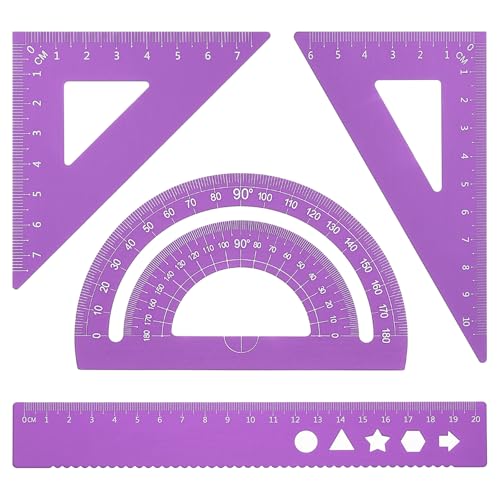 Triangle Liniaal Protractor Vierkante en Liniaal set, 4 st Aluminium Legering Liniaal, Metaal tekenset, Geometrische Protractor voor klaslokaal, Leraar (Paars, 21 cm)