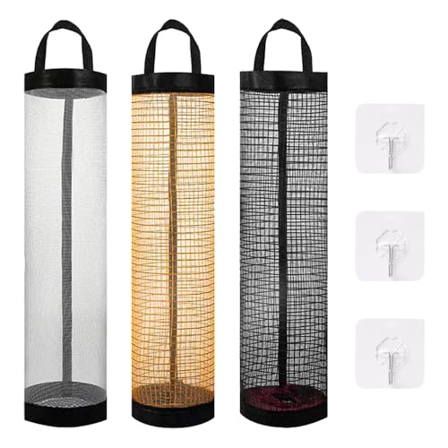 3 stuks plastic zakhouder, opknoping vuilniszak draagtas opslaghouder met 3 stuks plakkerige haken opvouwbare Mesh hangbare opslagzak plastic zakdispenser voor thuis keuken vuilniszak opslag