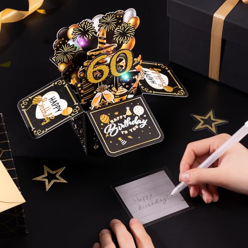 60e verjaardagskaart met muziek - 60e verjaardag pop-upkaart met licht en interactieve kaarsen, cadeau verjaardagskaarten voor vrouwen en mannen, 3D wenskaart verjaardagscadeau