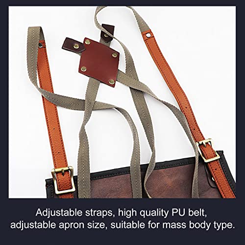 Kappersschorten, PU lederen kappersschorten keuken BBQ koken apron crossback riemen met zakken voor handwerk Grillen Smeden Lassen Bruin, Bruin 5