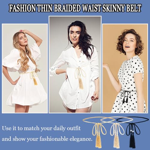 3 vrouwen riemen gevlochten dunne taille riem mode Dun gevlochten gevlochten taille skinny riem gevlochten riem geweven Tassel kralen riem voor rok jurk vrouwen meisjes (3 kleuren),, multicolour 3