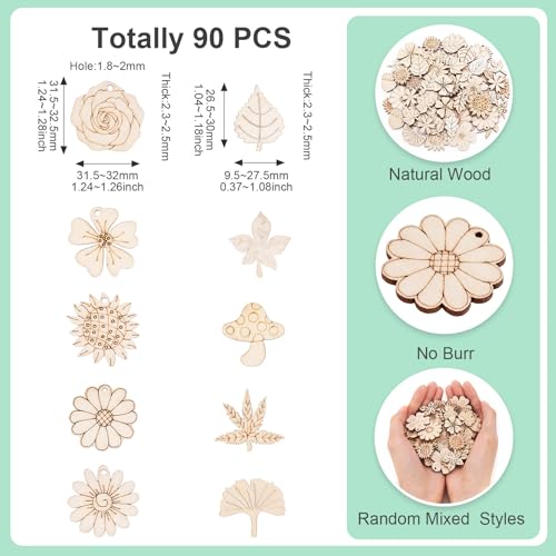 90 st Blad en Bloem Hout Hanger Paddestoel Zonnebloem Rose Onafgewerkt Houten Bedels Hout Ambachten Hangers voor DIY Ketting Oorbellen sieraden maken, Beige, Hout, hout manen 4