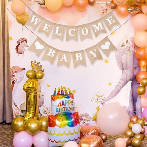 Vintage linnen Welkom Baby Banner, Rustieke linnen brieven, Pennant Garland, Welkom Baby Banner, Home Decor voor thuis, feest, receptie, Baby Douche, Bunting met 13 stuks vlaggen 5
