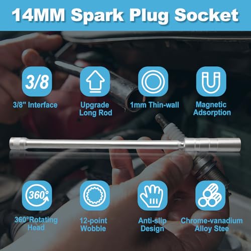Kaarshouder 14 mm, magnetische bougiesleutel, 3/8 inch, magnetische scharnierhuls met twaalfkant, universele kaarsleutel (lang) 5