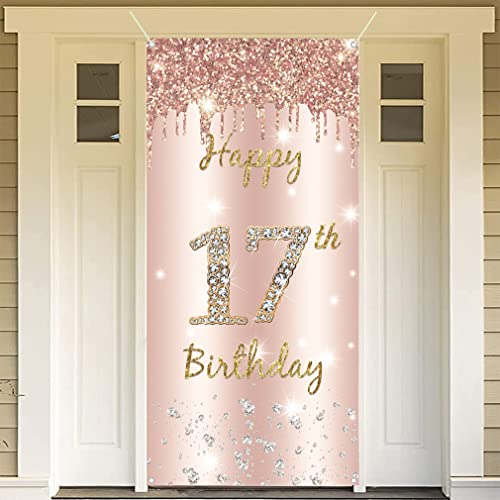 17e verjaardag decoraties voor meisje, gelukkig 17e verjaardag achtergrond Banner Rose Gold Fabric Sign poster 17 jaar oude partij levert foto achtergrond welkom tekenen, 180cmx90cm