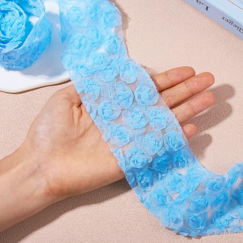 10m Kant Stof 3D Rose Chiffon Borduurwerk Kantlint 60mm Brede Bloem Mesh Borduren Kant Trim voor DIY Crafts Naaien Trouwjurk Decoratie, Licht Sky Blue 3